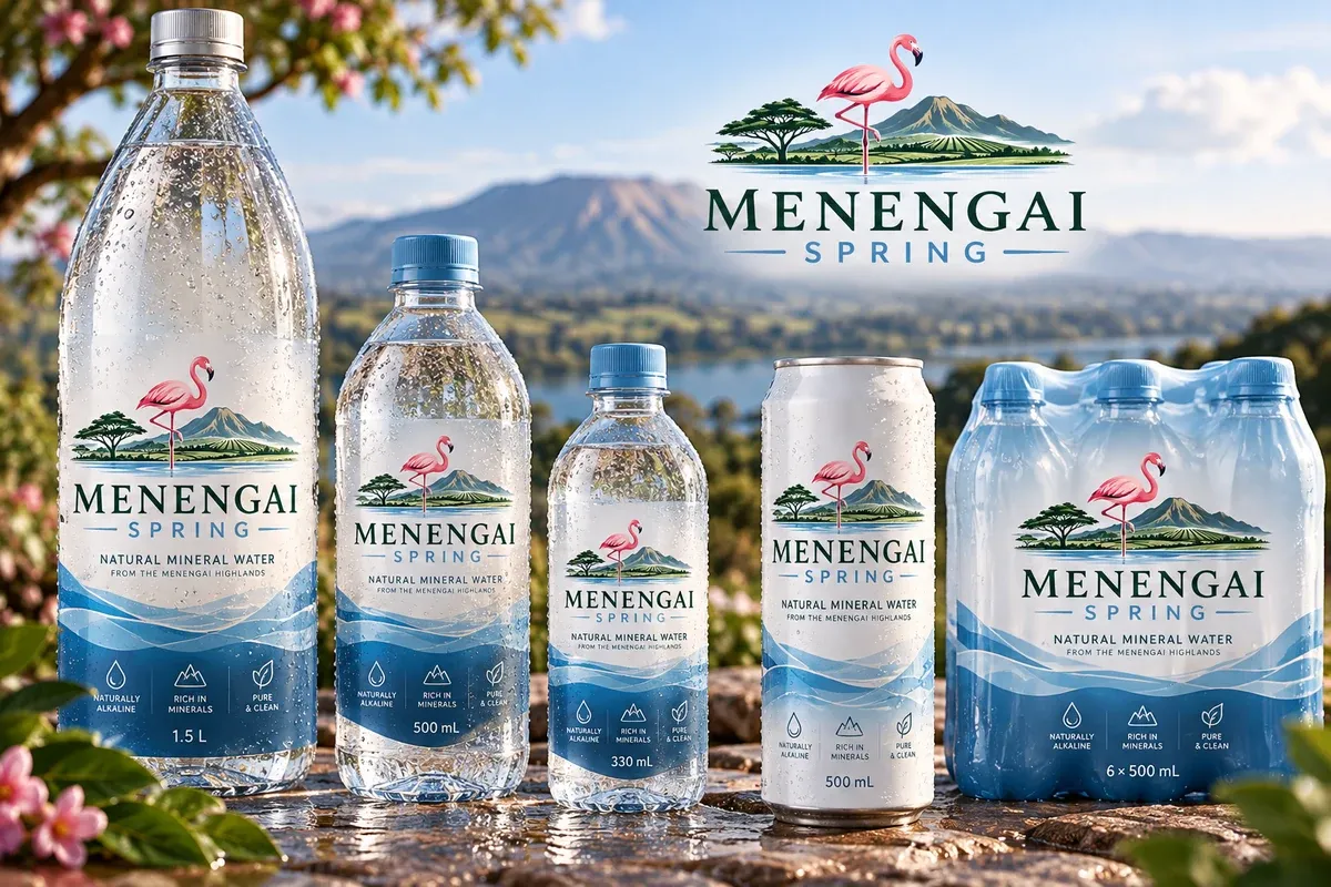 Menengai Spring water bottles with Menengai Crater behind